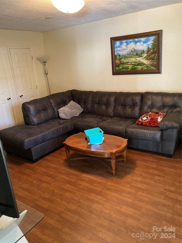 living room featuring a textured ceiling and hardwood / wood-style floors