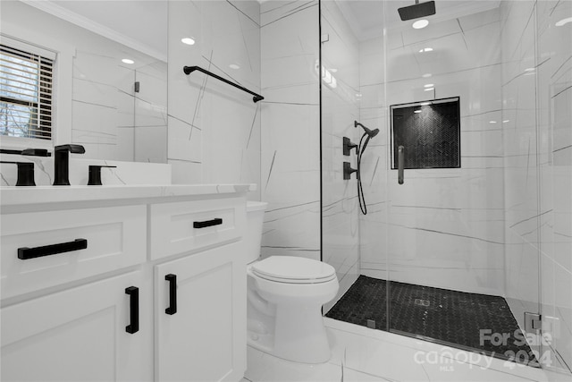 bathroom with toilet, ornamental molding, a shower with shower door, tile floors, and oversized vanity