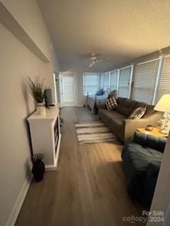 living room featuring wood-type flooring and ceiling fan