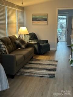 living room featuring lofted ceiling and hardwood / wood-style flooring