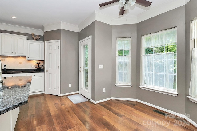 kitchen featuring a wealth of natural light, white cabinets, dark hardwood / wood-style flooring, and decorative backsplash