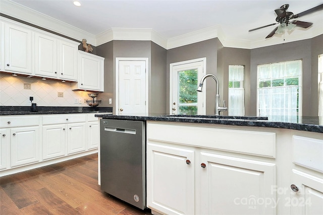 kitchen featuring white cabinetry, sink, dark hardwood / wood-style flooring, and dishwasher