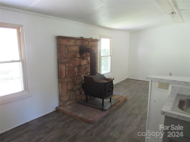 unfurnished living room with a wood stove, dark hardwood / wood-style flooring, and plenty of natural light