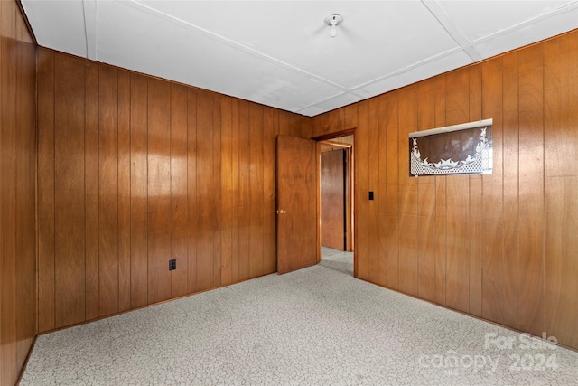 unfurnished room with wooden walls and light colored carpet