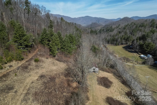 birds eye view of property featuring a forest view and a mountain view