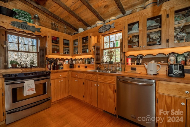 kitchen featuring light hardwood / wood-style floors, lofted ceiling with beams, wooden ceiling, appliances with stainless steel finishes, and sink