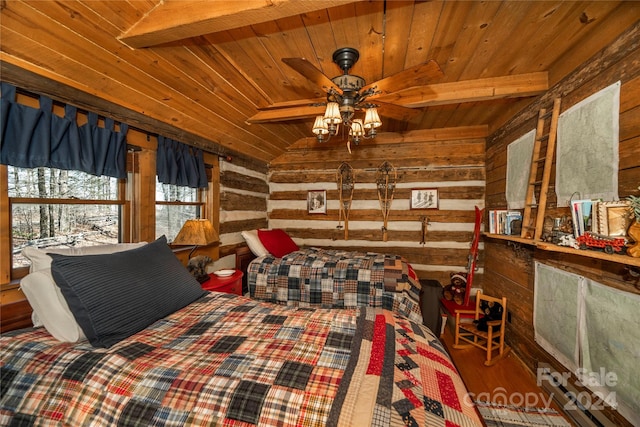 bedroom with wooden walls, wooden ceiling, vaulted ceiling with beams, and dark wood-type flooring