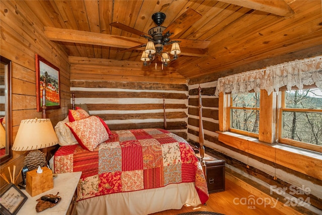 unfurnished bedroom featuring wooden walls, vaulted ceiling with beams, hardwood / wood-style floors, and wooden ceiling