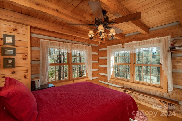 bedroom featuring wooden ceiling, multiple windows, hardwood / wood-style flooring, and beamed ceiling