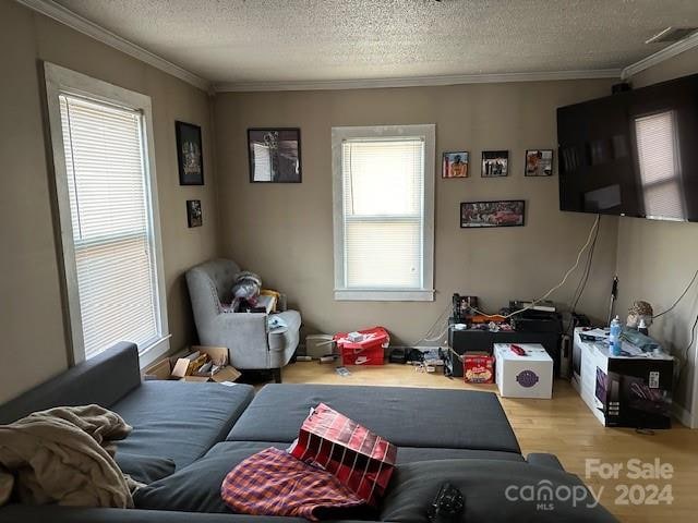 living room featuring ornamental molding, a textured ceiling, and light hardwood / wood-style flooring