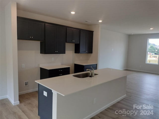 kitchen featuring light hardwood / wood-style flooring, sink, and an island with sink