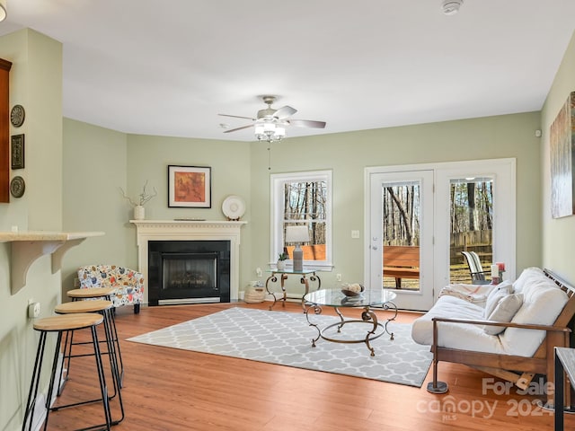 living room featuring ceiling fan and wood-type flooring