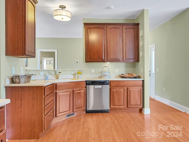 kitchen with light hardwood / wood-style flooring and stainless steel dishwasher