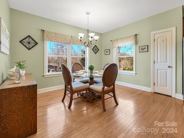 dining room featuring a notable chandelier, plenty of natural light, and light hardwood / wood-style floors