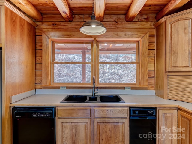 kitchen with decorative light fixtures, beam ceiling, black dishwasher, and wooden walls