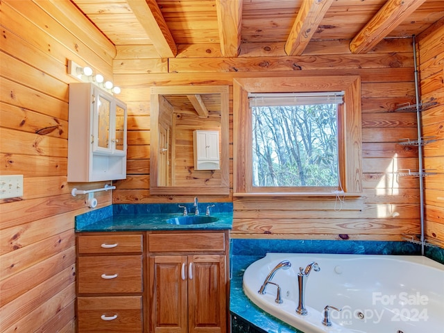 bathroom with wood ceiling, vanity, beam ceiling, a bathing tub, and wood walls