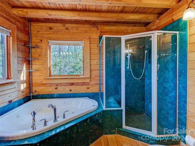 bathroom with wood walls, beam ceiling, wooden ceiling, and independent shower and bath