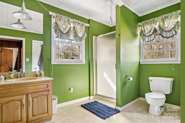 bathroom with vanity, an enclosed shower, and toilet