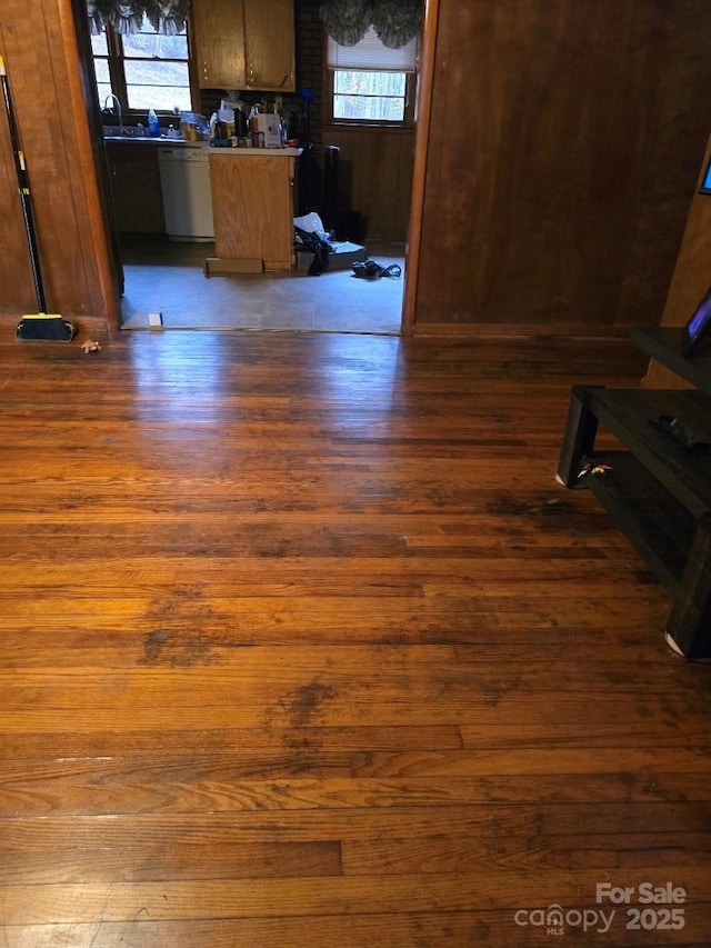 kitchen featuring dark hardwood / wood-style floors, white dishwasher, and sink