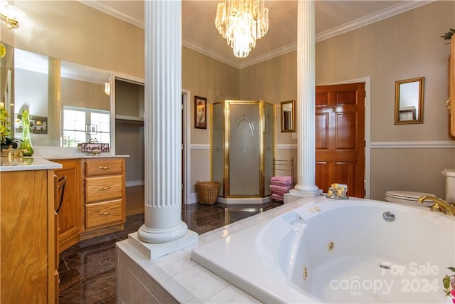 full bathroom featuring vanity, independent shower and bath, crown molding, and ornate columns