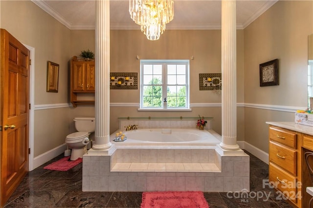 bathroom featuring ornamental molding, toilet, decorative columns, and vanity