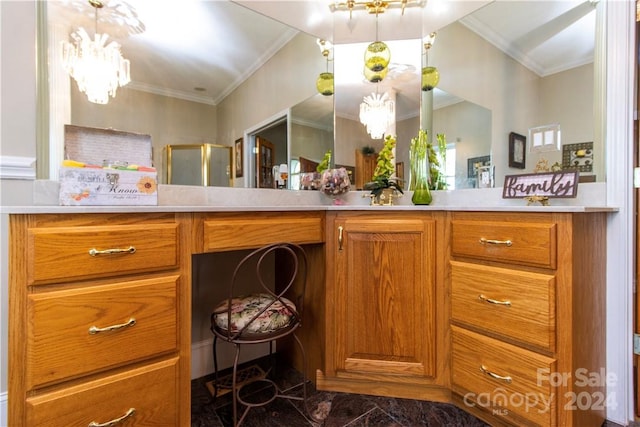 bathroom featuring tile floors, vanity, and crown molding