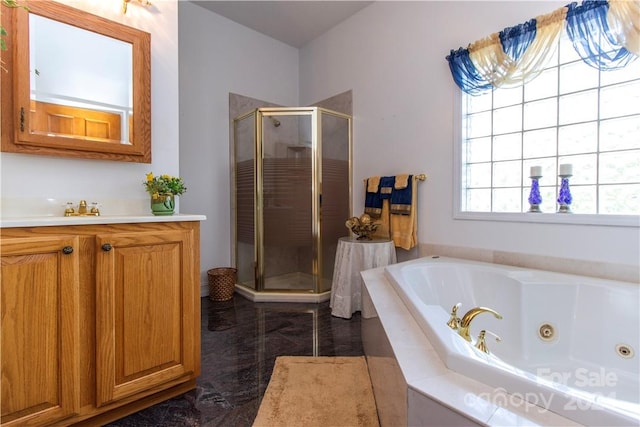 bathroom featuring tile flooring, separate shower and tub, and vanity