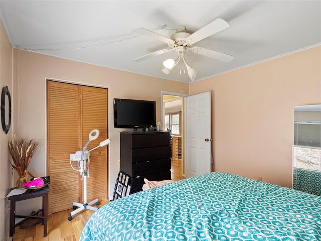 bedroom with ceiling fan, ornamental molding, light wood-type flooring, and a closet