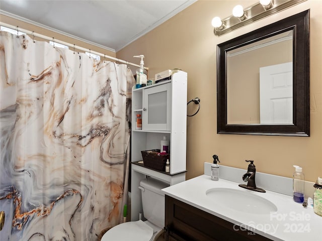 bathroom featuring toilet, ornamental molding, and vanity