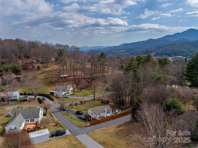 birds eye view of property with a mountain view