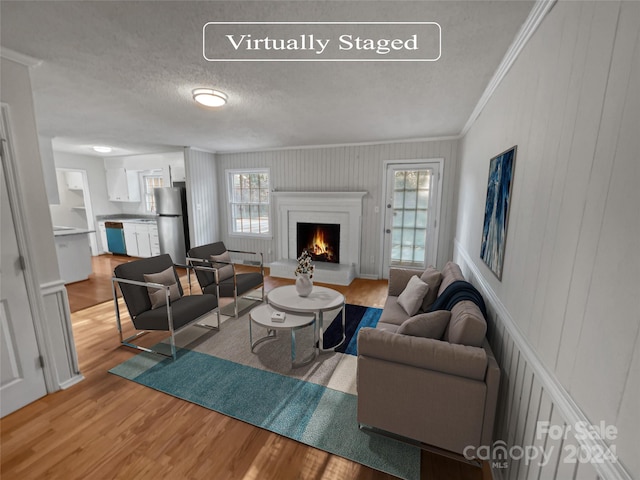 living room featuring plenty of natural light, ornamental molding, light hardwood / wood-style flooring, and a textured ceiling