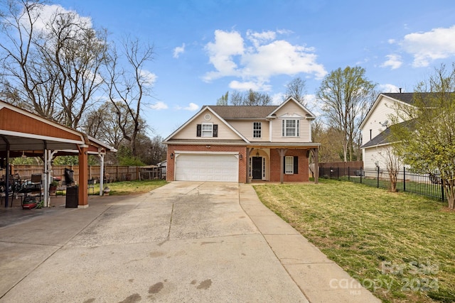 view of front of house featuring a front lawn and a garage