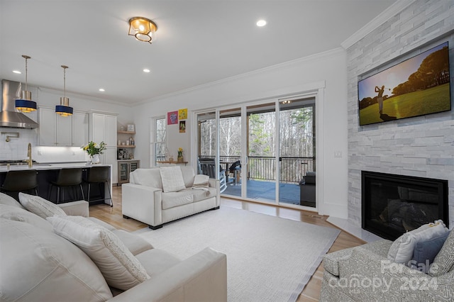 living room with crown molding, a large fireplace, and light hardwood / wood-style flooring