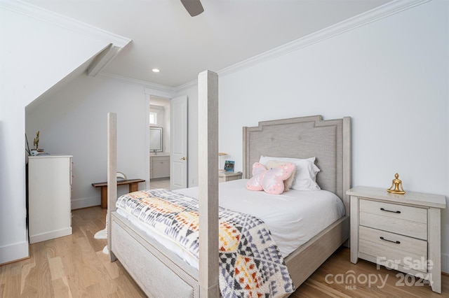 bedroom featuring ceiling fan, light wood-type flooring, and crown molding