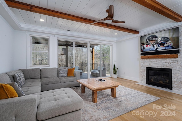 living room with beam ceiling, ceiling fan, wooden ceiling, a fireplace, and hardwood / wood-style flooring