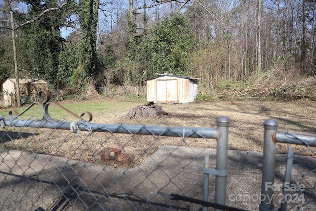 view of yard featuring a storage unit