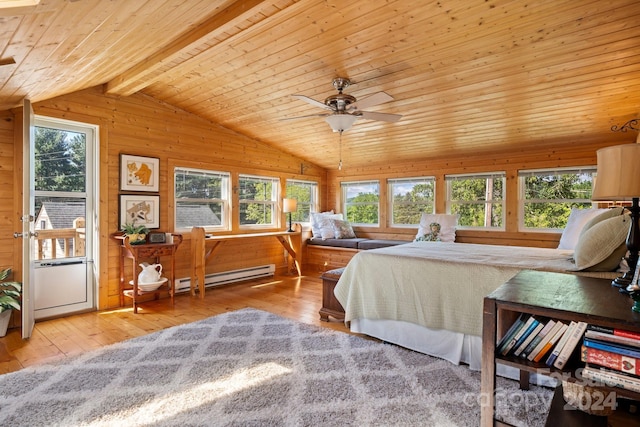 bedroom with ceiling fan, a baseboard heating unit, light wood-type flooring, and wooden ceiling