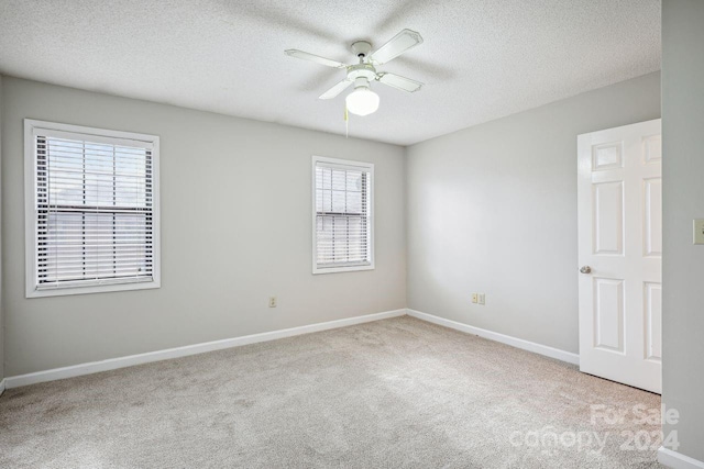 carpeted spare room with plenty of natural light, a textured ceiling, and ceiling fan