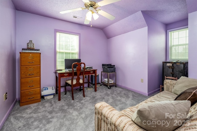 office space featuring baseboards, carpet flooring, a textured ceiling, and lofted ceiling