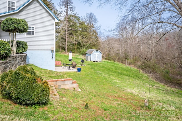 view of yard with an outdoor structure, a patio area, and a shed