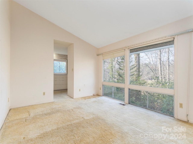 unfurnished room with light carpet and lofted ceiling