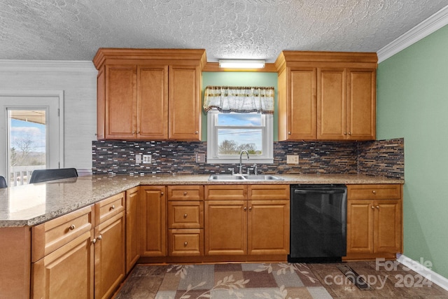 kitchen featuring backsplash, sink, black dishwasher, a textured ceiling, and light stone counters