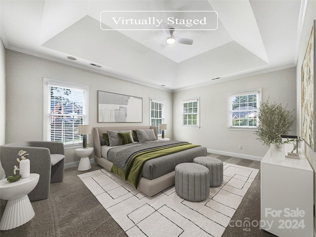 bedroom featuring multiple windows, a raised ceiling, ceiling fan, and carpet flooring