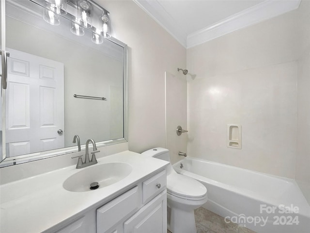 full bathroom featuring vanity, ornamental molding, toilet, and bathtub / shower combination