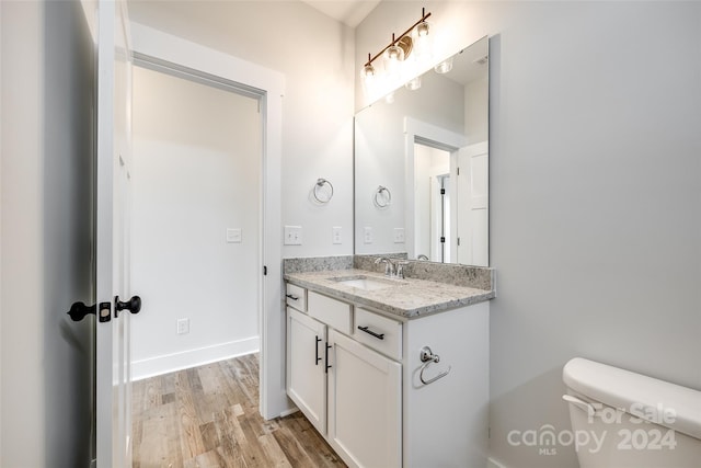 bathroom with vanity, wood-type flooring, and toilet