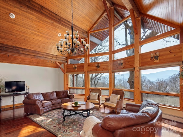 living room with hardwood / wood-style flooring, a notable chandelier, a mountain view, high vaulted ceiling, and wooden ceiling