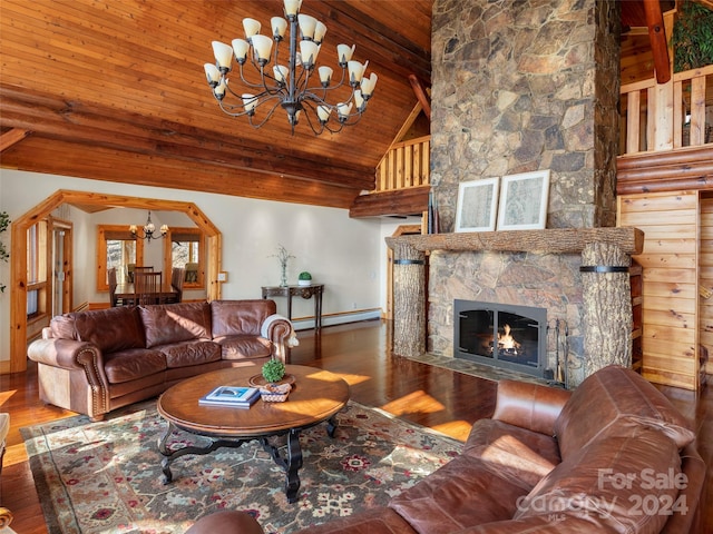 living room featuring a baseboard heating unit, beamed ceiling, an inviting chandelier, hardwood / wood-style flooring, and wooden ceiling