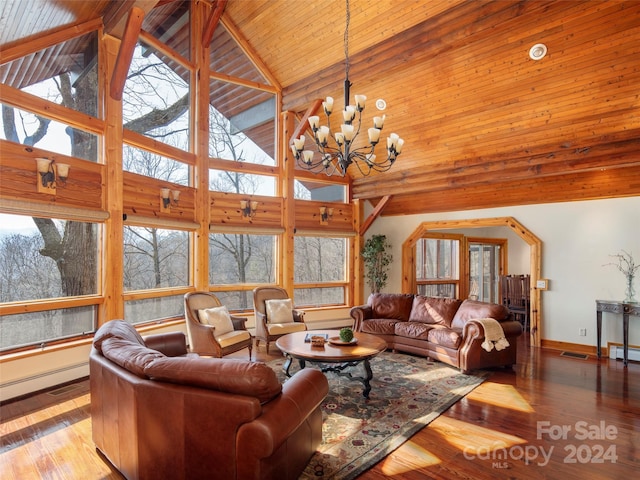 living room featuring a notable chandelier, wooden ceiling, wood-type flooring, and high vaulted ceiling