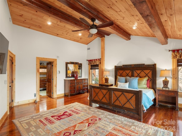 bedroom with ceiling fan, wood ceiling, beam ceiling, and wood-type flooring