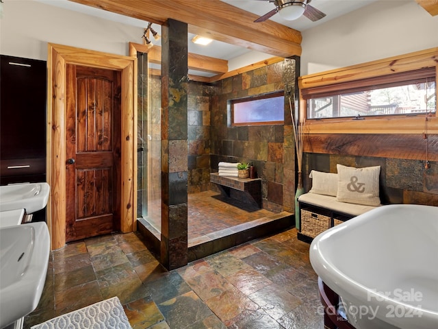 bathroom featuring beam ceiling, ceiling fan, sink, and plus walk in shower